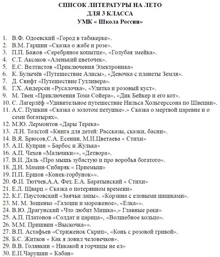 Список книг для чтения на лето 3 класс