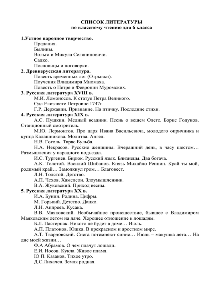 Список литературы для чтения на лето. 6 класс