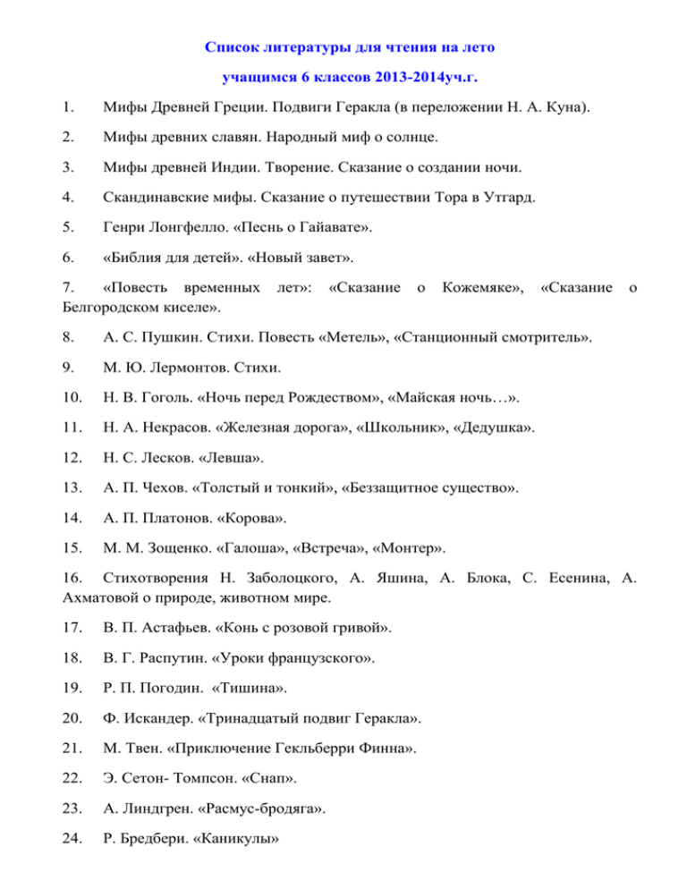 Список литературы на лето для 6 класса - школьная программа и внеклассное чтение